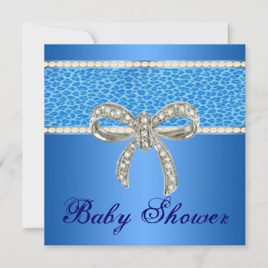 Blue Leopard Diamond Bow Baby shower Invitation Kaart (Voorkant)