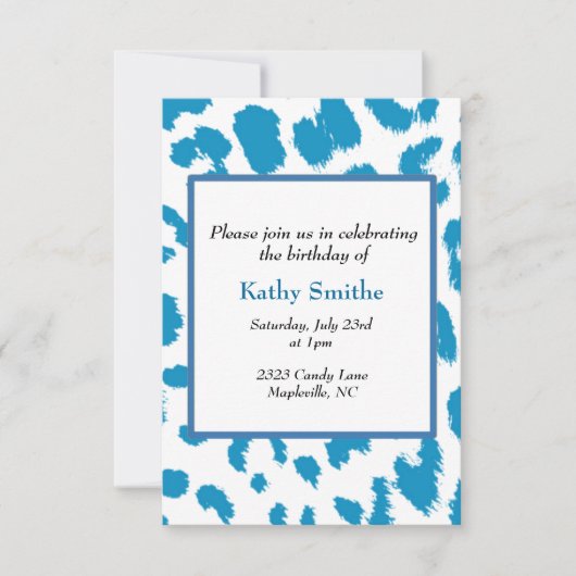 Blue Leopard Pattern Birthday Invitation Kaart (Voorkant)