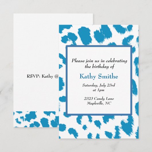 Blue Leopard Pattern Birthday Invitation Kaart (Voorkant / Achterkant)