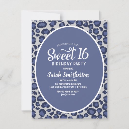 Blue Leopard Print Sweet 16 Uitnodiging (Voorkant)
