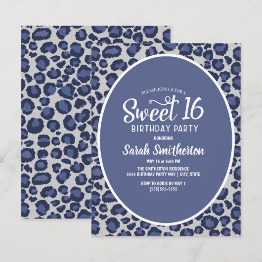 Blue Leopard Print Sweet 16 Uitnodiging (Voorkant / Achterkant)