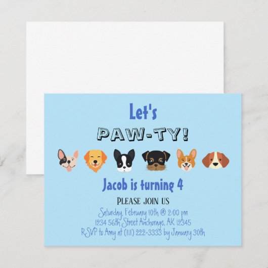Blue Let's Pawty Puppy Boy Birthday Party Kaart (Voorkant / Achterkant)