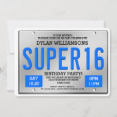 Blue License Bord Super 16 Party-uitnodigingen Kaart (Voorkant)