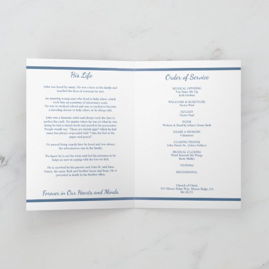 Blue Life Celebration Overlijdensbericht Gevouwen  Programma (Binnen)