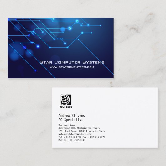 Blue Light Circuits4 Computer Reparatie Visitekaar Visitekaartje (Voorkant / Achterkant)