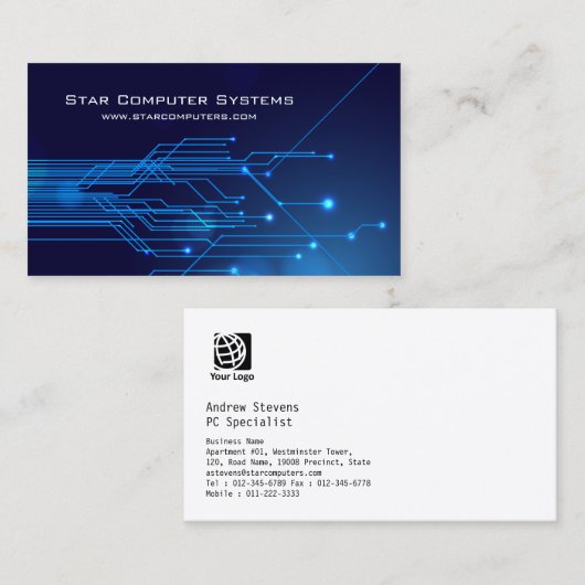 Blue Light Circuits5 Computer Reparatie Visitekaar Visitekaartje (Voorkant / Achterkant)