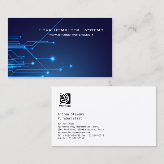 Blue Light Circuits Computer Reparatie Visitekaart Visitekaartje (Voorkant / Achterkant)