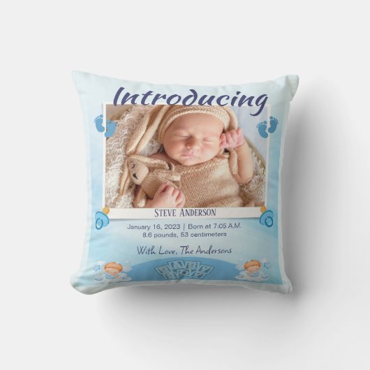 Blue Light Geboorte Aankondiging Personaliseren Kussen (Voorkant)