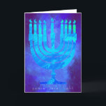 Blue Light Hanukkah Holiday Card met Menorah Kaart<br><div class="desc">Mooie blues schijnen te gloeien op deze Happy Hanukkah-vakantiekaart. Onder de Menorah staan de woorden: vredesliefde licht. Op de binnenste groet staat: met de harste wensen in Hanukkah voor vrede in je huis, in je hart en in de hele wereld. Happy Hanukkah! Voeg gemakkelijk jouw naam onder de vooraf ingestelde...</div>