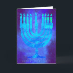 Blue Light Hanukkah Holiday Card met Menorah Kaart<br><div class="desc">Mooie blues schijnen te gloeien op deze Happy Hanukkah-vakantiekaart. Onder de Menorah staan de woorden: vredesliefde licht. Op de binnenste groet staat: met de harste wensen in Hanukkah voor vrede in je huis, in je hart en in de hele wereld. Happy Hanukkah! Voeg gemakkelijk jouw naam onder de vooraf ingestelde...</div>