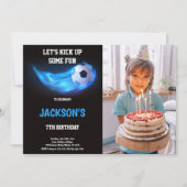 Blue Light Soccer verjaardagsuitnodiging met foto Kaart (Voorkant)