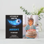 Blue Light Soccer verjaardagsuitnodiging met foto Kaart (Staand voorkant)