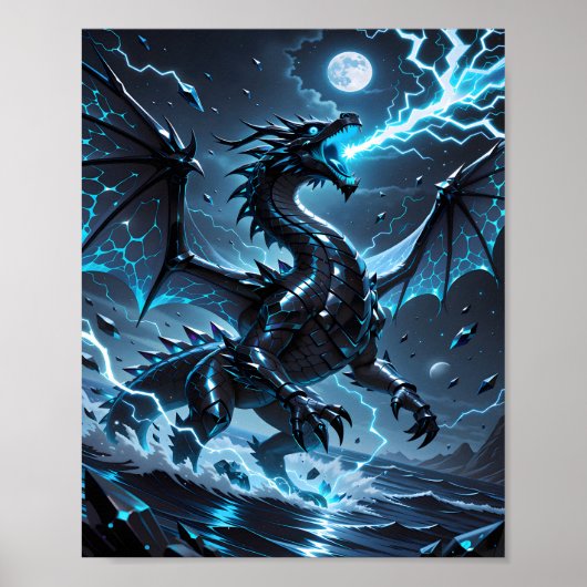 Blue Lightning Black Dragon Storm Fantasy Poster (Voorkant)