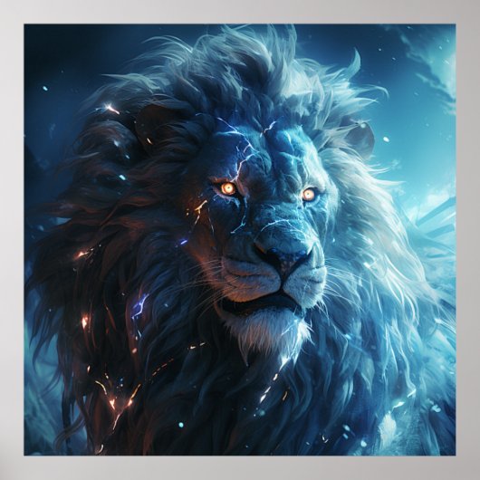 Blue Lightning Lion Face Art Poster (Voorkant)