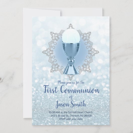 Blue Lights Eerste Communie Chalice Host Kaart (Voorkant)