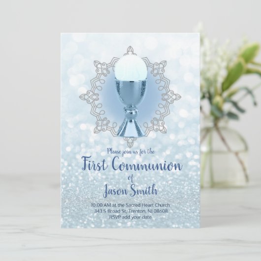 Blue Lights Eerste Communie Chalice Host Kaart (Staand voorkant)