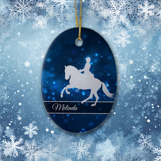 Blue Lights Silver Silhouette Equestrian Rider Keramisch Ornament