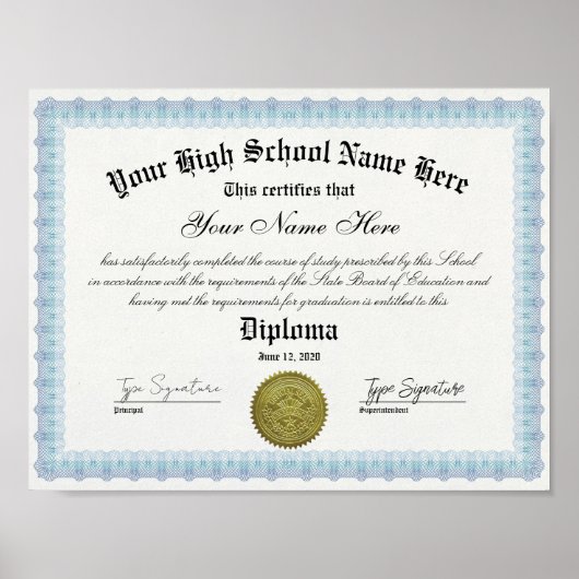 Blue lijst High School afstuderen Diploma Certific Poster (Voorkant)