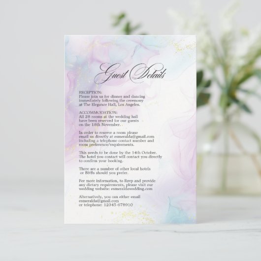 Blue Lilac Gold Alcohol Ink Wedding Guest Details  Informatiekaartje (Staand voorkant)