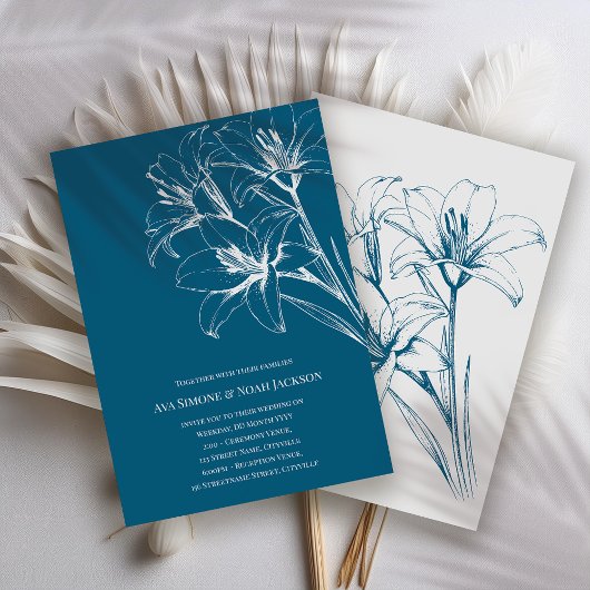 Blue Lily Outline Blue Wedding Kaart