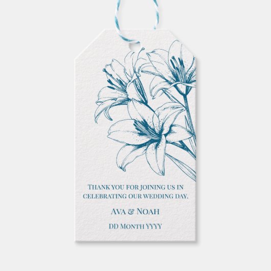 Blue Lily Outline Wedding Cadeaulabel (Voorkant)