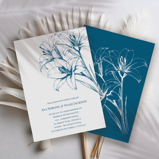 Blue Lily Outline Wedding Kaart
