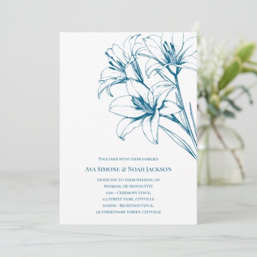 Blue Lily Outline Wedding Kaart (Staand voorkant)