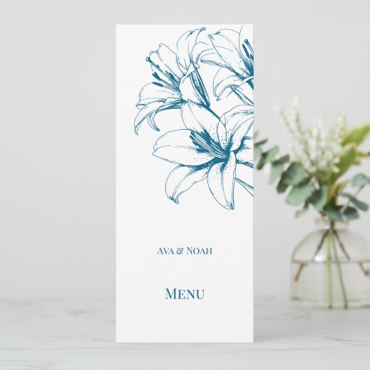 Blue Lily Outline Wedding Menu (Staand voorkant)