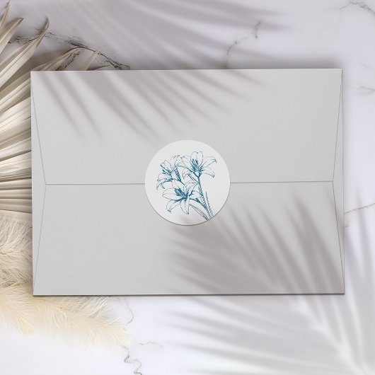 Blue Lily Outline Wedding Ronde Sticker