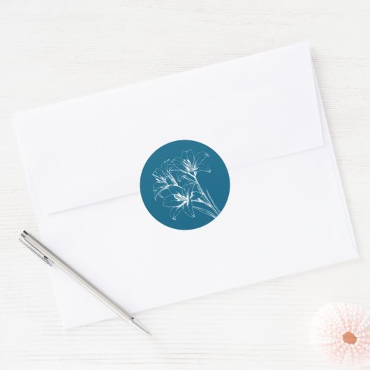 Blue Lily Outline Wedding Ronde Sticker (Envelop)