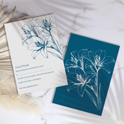 Blue Lily Outline Wedding RSVP Kaartje