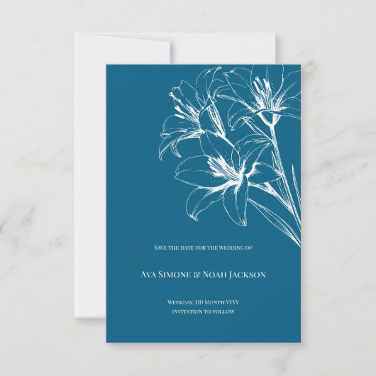Blue Lily Outline Wedding Save The Date (Voorkant)