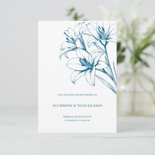 Blue Lily Outline Wedding Save The Date (Staand voorkant)