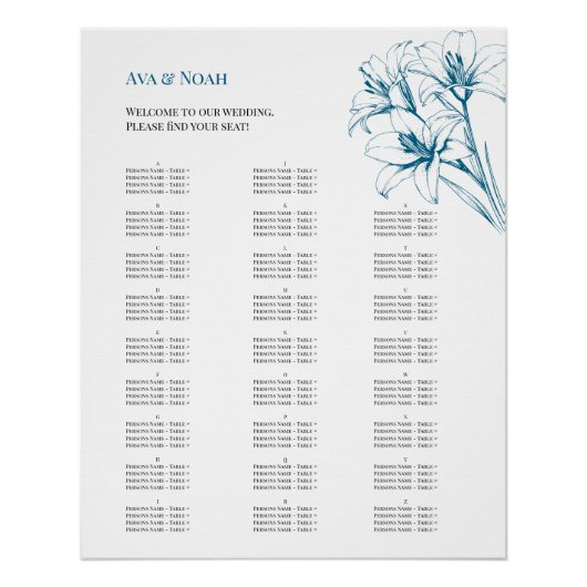Blue Lily Outline Wedding Seating Chart Perfect Poster (Voorkant)