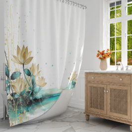 Blue Lily Serenity: Waterverf Teal en Goud Douchegordijn