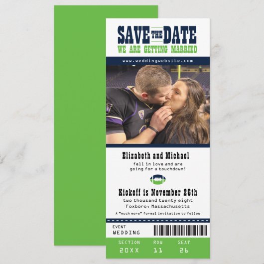 Blue Limoen Wedding Save the Date Football Ticket (Voorkant / Achterkant)