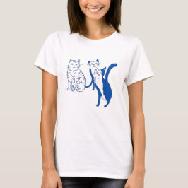 Blue Line Art Cat T-Shirt, Black Cotton Crewneck T-shirt