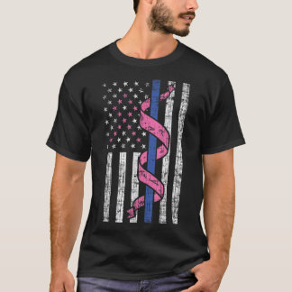 Blue Line Police US Flag Pink Ribbon Breast Cancer T-shirt