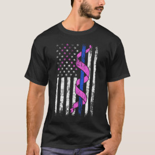 Blue Line Police US Flag Pink Ribbon Breast Cancer T-shirt