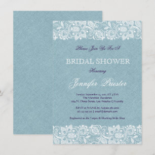 Blue Linen Burlap & White Floral Lace 2 Invite Kaart