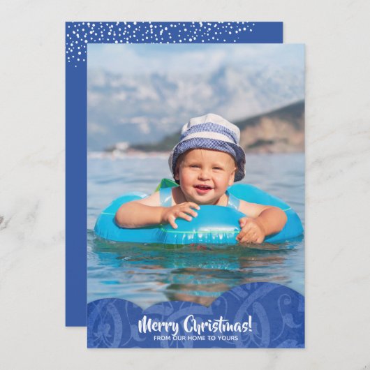 Blue Linen Filigree Foto met kerstfeestdag Kaart (Voorkant / Achterkant)
