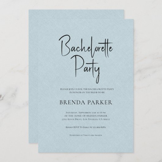 Blue Linen Simple Black Script Bachelorette Party Kaart (Voorkant / Achterkant)