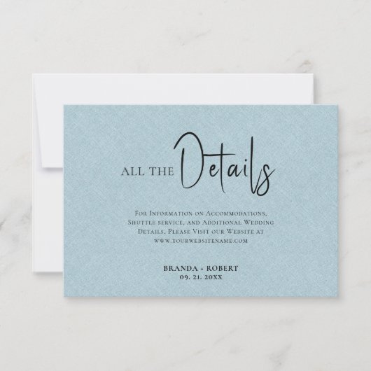 Blue Linen Simple Black Script Weddenschap Details Kaart (Voorkant)