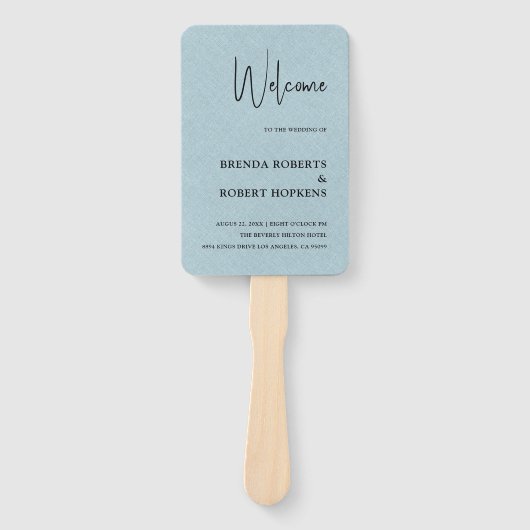 Blue Linen Simple Black Script Weddenschap Hand Fa Handwaaier (Voorkant)