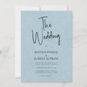 Blue linen Simple Black Script Wedding Invite Kaart (Voorkant)