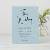 Blue linen Simple Black Script Wedding Invite Kaart (Staand voorkant)