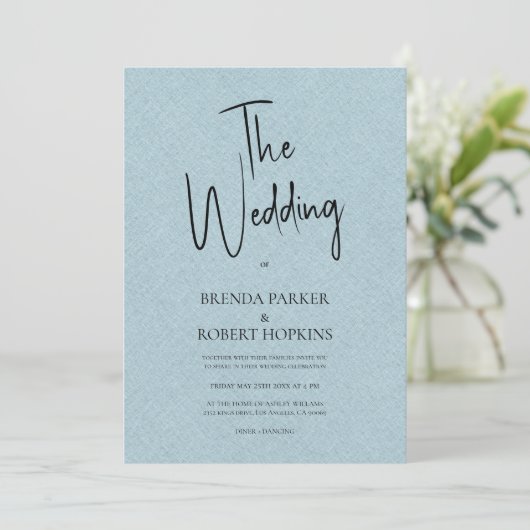 Blue linen Simple Black Script Wedding Invite Kaart (Staand voorkant)