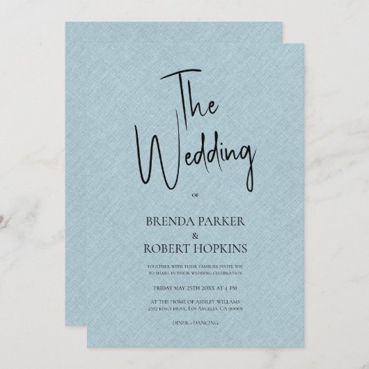 Blue linen Simple Black Script Wedding Invite Kaart (Voorkant / Achterkant)