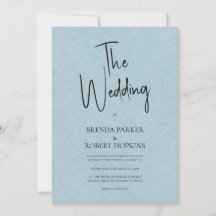 Blue linen Simple Black Script Wedding Invite