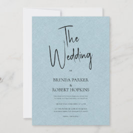 Blue linen Simple Black Script Wedding Invite Kaart